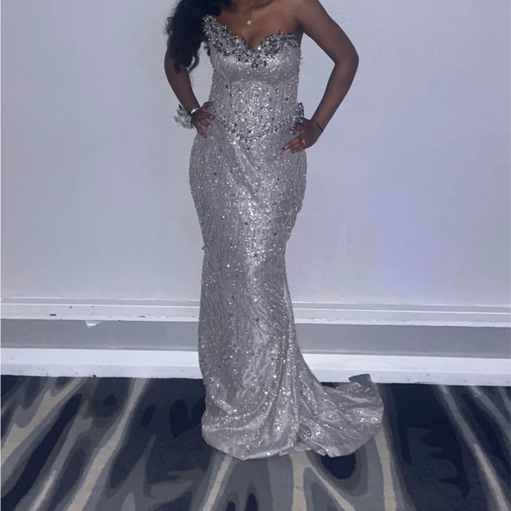 Silver Sequin Sweetheart Neckline Prom Gown